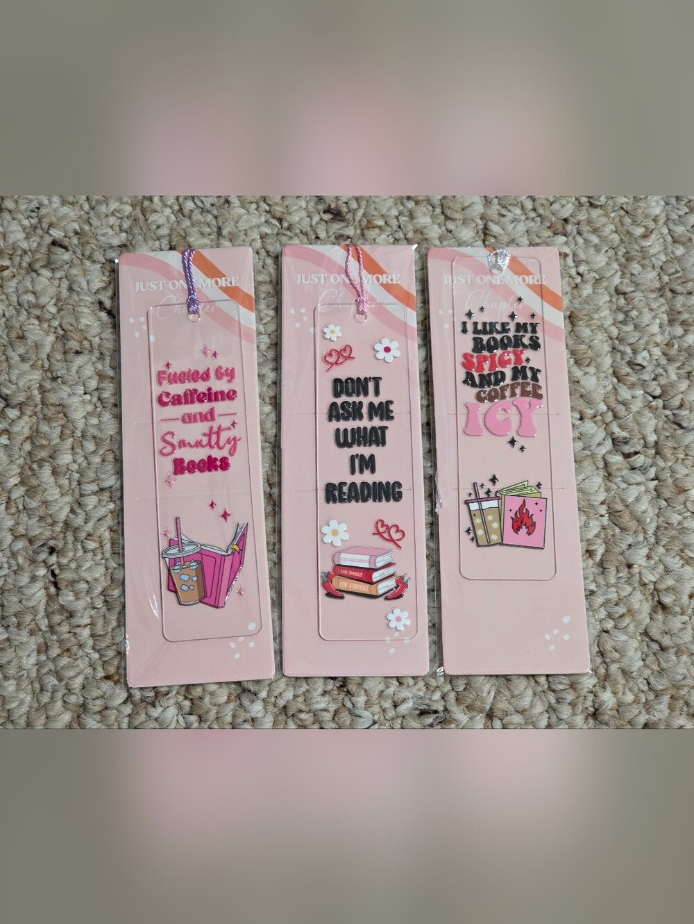 Hand Crafted Pink Book Bookmark Trio with Playful Coffee & Book Art